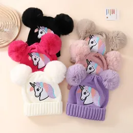 Шляпы кепков зима теплый ребенок вязаный с Pom Kids Beanie Cartoon Unicorn Children Hat для мальчиков аксессуары для девочек 230818