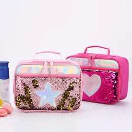 Kosmetiska väskor fall av hög kvalitet mode vattentät omvänd paljettisolerade barn flickor pojke lunchlåda glitter tote väska kylare picknickpåse för mat 230818