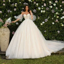 Fabulous Puffy Sleeve Ball Gown Wedding Dresses Sweetheart Lace Appliques Bridal Gown Boning Vestido de novia for Bride