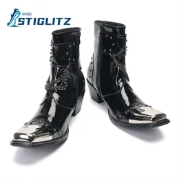 Stiefel Metallspitze Zehen Chelseas Nietschnallen Kette Punk Style Knöchel Herren echte Lederschuhe 65 cm High Heel Short 230818