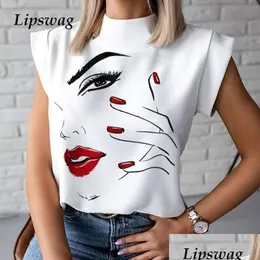 女性のブラウスシャツエレガントな赤い唇印刷ブラウス女性oネック半袖ベーシックトップサマーカジュアルメスプーバーシャ​​ツBlus dhoeg