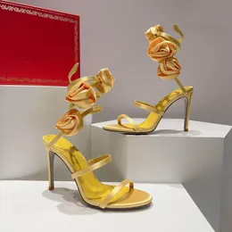 Renes Caovilla Lady Sandals Rose Flower Embellished Yellow Satin Snake Strass Stiletto Heels Women's High Heeled Luxury Designers Ankel Wraparound Evening Shoes