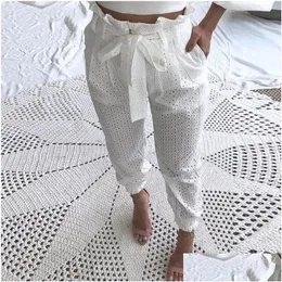 Spodnie damskie capris papierowy talia Broderie koronkowa swobodna pant classy Dstring Regar Hollow Out Streetwear Holiday Office Y200418 DR DHCJD