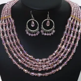 Necklace Earrings Set 5rows Unique For Women Pink Crystal Glass Abacus Teardrop Beads Weddings Gift Jewelry B1909