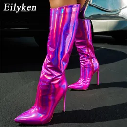 부츠 Eilyken Street 스타일 포인트 발가락 여성 무릎 미러 거울 특허 가죽 스트리퍼 섹시한 활주로 파티 스틸레토 하이힐 신발 230818