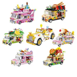 Model Kit Pop it Toy City Ice Cream Truck Street View Dining Car Mini Block Barbie Auto Food Snacks Shop Brick Build Blocks Toy For Girl Camping Car Barbie Toy Plastic Toy