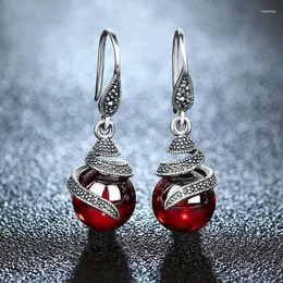 Dangle Ohrringe Vintage 925 Sterling Silber Granat für Frauen Retro Ruby Red Edelstein Runde Tropfen Schmuckgeschenke