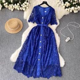 Basic Casual Dresses Summer Runway Blue Pink Black Water Soluble Lace Flower Embroidery Dress Women's Square Collar Hollow Out Elegant Belt Vestidos 2024