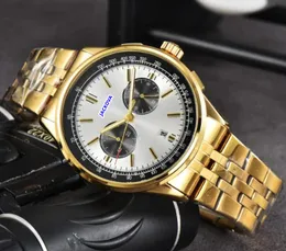 Sub Dial Work Automatic Date Men Stopwatch Watches Luxury Mens rostfritt stål läderband Quartz Movement Clock Lumious Super Bright Popular Watch Wholsale Price