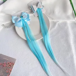 Hair Accessories Synthetic Kids Headwear Birthday Gifts Baby Gradient Hairpiece Girls Braids Wig Blue Bow Long Straight Ponytail