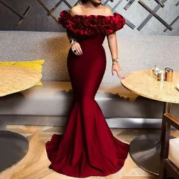 Prom Party Gown Burgundy Evening Dresses Formal Sleeveless Lace Up Zipper New Custom Mermaid Trumpet Off-Shoulder Satin Hand Made Flowers