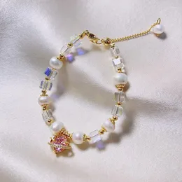 Strand Różowe serce kryształowy wisiorek naturalna bransoletka perłowa słodkowodna dla kobiet przezroczysta koralika sznur złoty kolor biżuterii