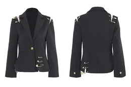 Womens Jackets Women Black Blazer With Golden Safety Pin Trims Slim Long sleeved Blazers 230818