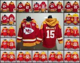 Kansas'''sives's'm'men 58 Derrick Thomas 15 Patrick Mahomes 87 Travis Kelce Custom Red Lace-Up Pullover Hoodie