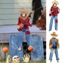 Dekorativa föremål Figurer Halloween Animerade banjo skelettrocksångare Look Skeleton Staty Glowing Light Up Decoration for Haunted House 230818