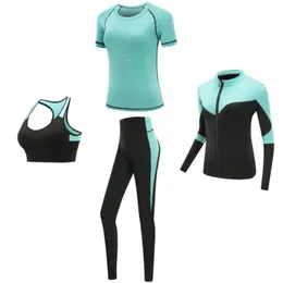 Yoga Kıyafetleri Hızlı Kuru Kadın Spor Giyim 4pcs Set Fitness Gym Yoga Giyim Takımları Setleri Coatbrat gömlekleggings Egzersiz Koşu Eğitimi 230820