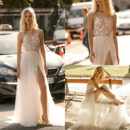 2023 Gali Karten New Beach Wedding Dresses A Line Jewel Lace Split Sleeveless Bridal Gowns Plus Size Bohemia Robe De Mariee 8261