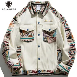 Męskie kurtki Aolamegs FolkCustom Retro Patchwork Jacket Men Worbe Turndown Coat Płaszcz Unisex Loose Casual Harajukum Emwear Male Streetwear 230818