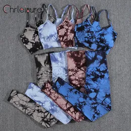 ヨガの衣装Chrleisure Yoga Set women Seamless Tie Dye Fashion Push Up Bra Set印刷審美的フィットネスジムハイウエスト女性パンツセット230820