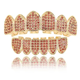 Hip Hop Vampire Teeth Red Blue Zircon Dental Teeth Grillz Men Kvinnor Guldgrillständer Set Fashion Smycken Sex 6 Toppbotten Tandgrill 1750