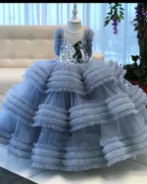 2023 Crey Crystals Flower Girl Dresses Ball Tulle Tiers Sheer Neck Vintage Little Peageant Dress Vrics Zj412
