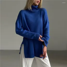 Kadın Sweaters Side Split Bludentleneck Kadınlar Sonbahar Kış Koreli Büyük Boyutlu Uzun Kollu Kükürt Örme Üstler Bayan Jumper