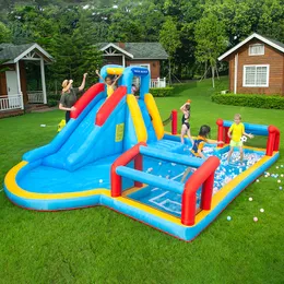 Inflatable Playhouse For Kids Outdoor Multi Functions Water Slide Jumping Games Volleyball And Football Field Sports Court Soccer Goal Playground Fun Party Toys