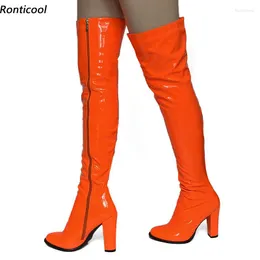 Botlar ronticool şık kadınlar kış uyluk yan fermuar tıknaz topuklar yuvarlak ayak parmağı turuncu gece kulübü ayakkabıları beden 5-20