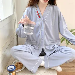 Domowa bawełna bawełniana pajama z długim rękawem kaset z drzemką z kieszonkowym spodniami 2PCS SIT Solid Casual Pijama