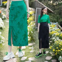 Skirts Chinese Style Retro Buckle Ethnic Green Midi Skirt For Women 2023 Summer Female Chic Peacock Jacquard One Step Slit