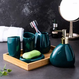 Badtillbehör Set Badrum Träskålen Soap Lotion Mouth Bottle Tray Tandborste 5-stycken Ceramic Cup Supplies Green