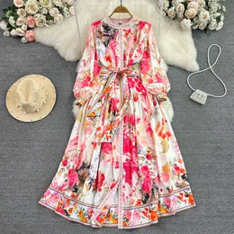 2023 Luxury and luxurious style dress bubble sleeves round neck waistband single breasted printed A-line dress elegant and large swing long skirt