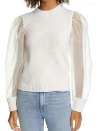 Women's Sweaters Pre-Fall 2023 Women Clothing Wool-paneled Organza Puff-sleeved Crew-neck Pullover Sweater