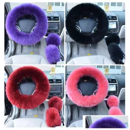 Steering Wheel Covers 3Pcs/Set Winter Wool Car Er Long Australian Heated Fur Handbrake Gear Shifter Drop Delivery Mobiles Motorcycle Dhysz