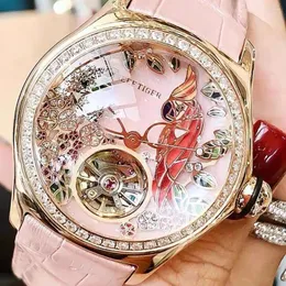 Zegarwatę rafa tygrys 2023 Diamenty modne kobiety mechaniczne zegarki oryginalny skórzany pasek Tourbillon Wodoodporny automatyczny analog