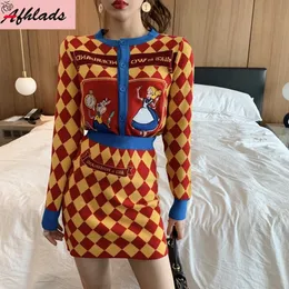 Two Piece Dress Korean Women Fashion Small Fragrance Plaid Embroidery Knitted Velvet Blouse Bodycon Skirt Autumn And Winter Two-Piece Sets 230818