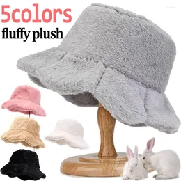 Berets 5colors Plush Falbala Bucket Hat Cute Girl Wide Brim Round Top Fisherman Hats Women Winter Fluffy Cashmere Warm Cold-proof Cap