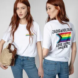 Zadig voltaire designer t shirt casual 23ss brev sommar ny fransk stil zv regnbåge gradvis färg alfabet tryck stor flagga bakom kvinnors korta ärm t-shirt