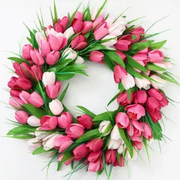 Decorações de Natal Simulação Grinales de tulipa rosa para a porta da frente decoração de casamento artificial Round Rattan Decor Garden 230818