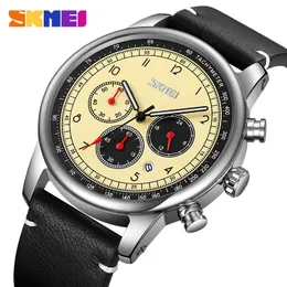 Wristwatches SKMEI Fashion Stopwatch Watch Mens Casual Genuine Leather Strap Quartz Wristwatches Waterproof Date Week Clcok Male reloj hombre 230820