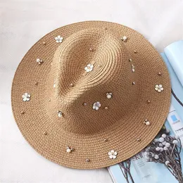 2023 Spring New Ladies Hat Wide Brim Jazz Panama Sun Visor Flower Pearl Nit Straw Hat2412