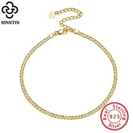 Tornozeleiras Rinntin 925 Correias de cadeia cubana de prata esterlina para mulheres moda moda ajustável 14K Bracelete de ouro tornozelo Jóias SA11 230821