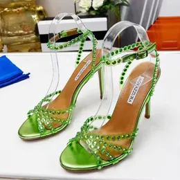 2024 Aquazzura stiletto sandals pumps Crystal decorative PVC ankle strap Leather outsole women's party evening shoes luxury designer high heels factory footwear