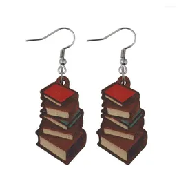 Hoop Earrings Funny Wooden Stackable Book Pencil Drop Dangle Stack Of Books For Women Girls Classic Librarian