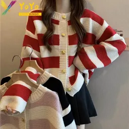 Women's Knits Tees Yoyo Bingo Color Block Large Stripe Long Sleeve Cardigan Sweater Casual Women Loose Knitted Top 2023 Autumn Winter 230821