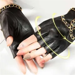 2st kvinnors äkta läderhalvhandskar med metallkedjan Skall Punk Motorcykelcyklist Fingerless Glove Cool Pekskärm GloV227m