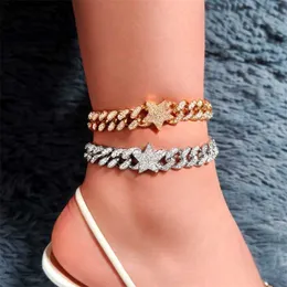 Iced Out Shine Rhinestone pavimentou estrela cubana tornozeleiras para mulheres Top Hop Bling Luxo Miami Link Chain Anklet Foot Jewelry 230719