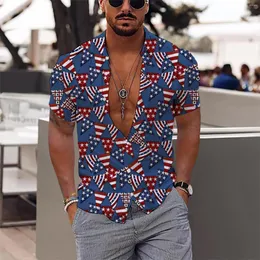 Herren lässige Hemden Herren Mode und Freizeit 3D Digital Druckknopf Revers Independence Day Short Sleeve Shirt Tops Big Kleidung T.