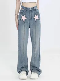 Kvinnors jeans adagirl kawaii stjärna tryck brett ben jean söt rak långa denimtrousers koreanska blå avslappnad ihålig designbottnar 230821