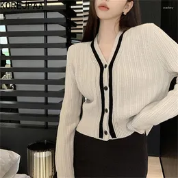 Women's Knits Korejpaa Korean Fashion Women Clothes 2023 Autumn V-neck Cardigan Coat Female Color Matching Slim Knit Sweater Top Knitwear